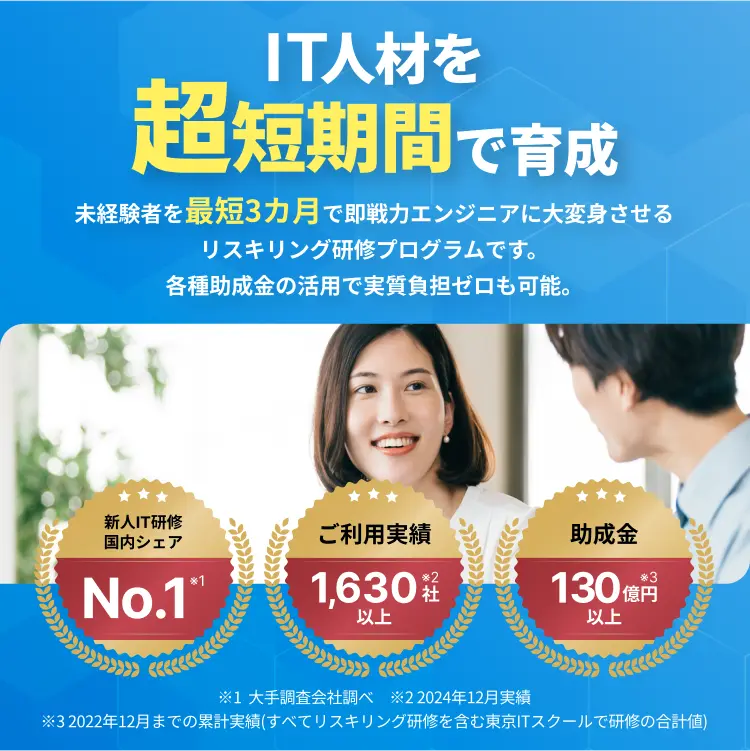 IT人材を超短期間で育成 未経験者を最短3カ月で即戦力エンジニアに大変身させるリスキリング研修プログラムです。 各種助成金の活用で実質負担ゼロも可能。
